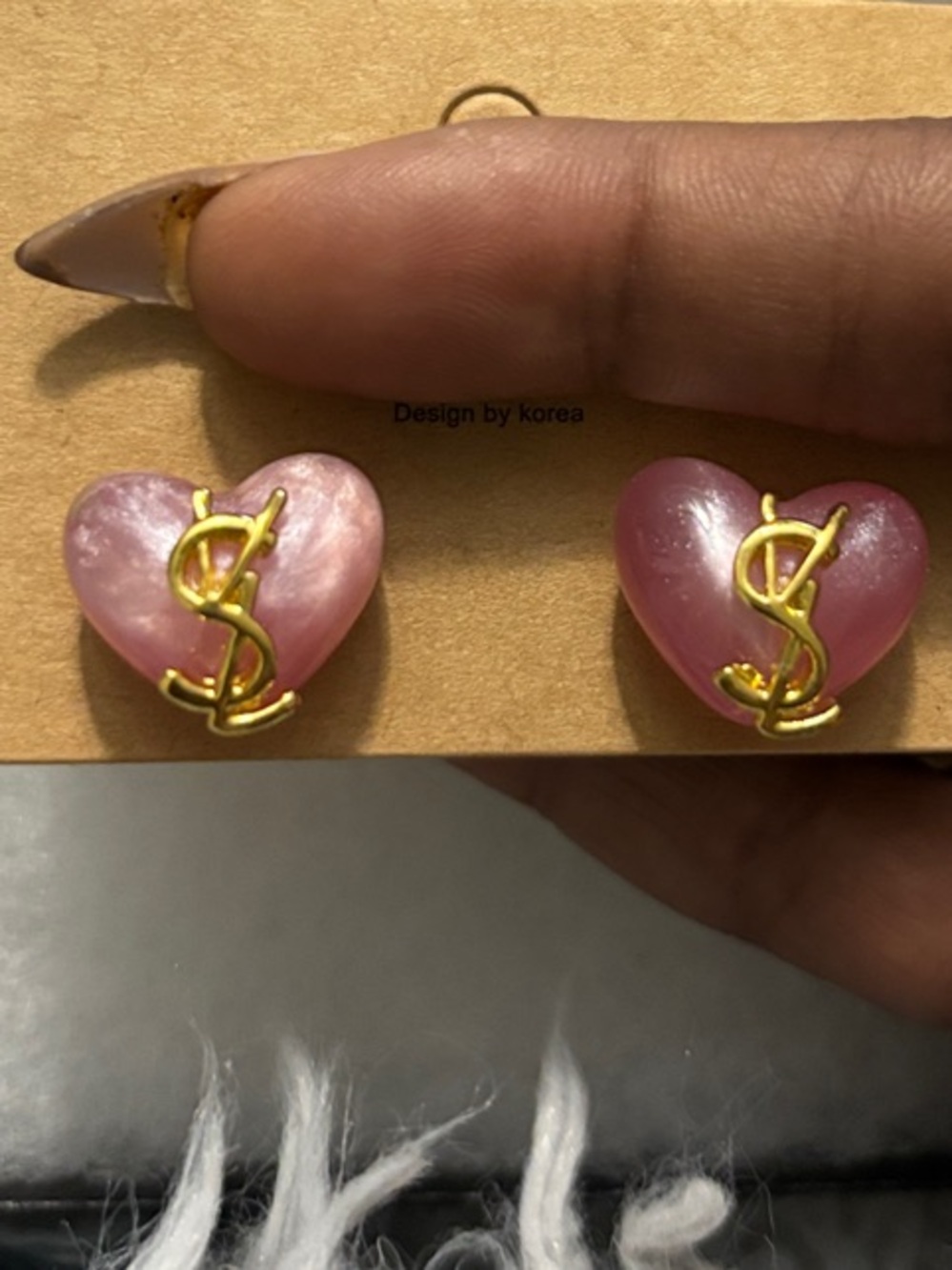 YSL Pearl Pink Heart Gold-Tone Logo Stud Earrings